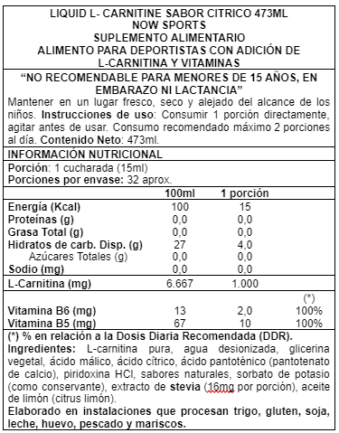 Liquid L-Carnitine 100mg Citrus NOWFOOD - Imagen 2